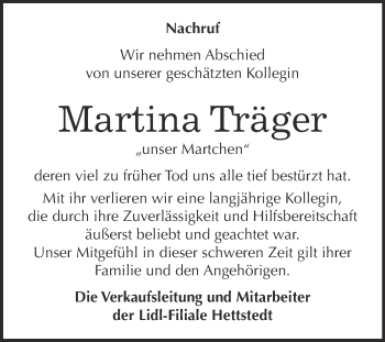 Traueranzeige von Martina Träger von Super Sonntag SGH Mansf. Land