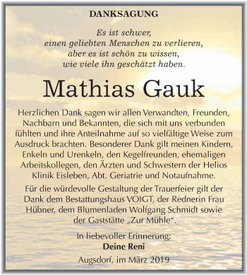 Traueranzeige von Mathias Gauk von Wochenspiegel Mansfelder Land