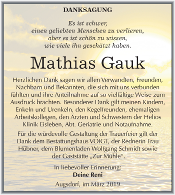 Traueranzeige von Mathias Gauk von Mitteldeutsche Zeitung Mansfelder Land