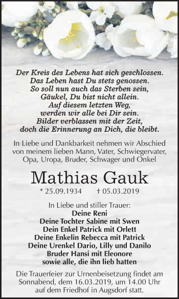Traueranzeige von Mathias Gauk von Wochenspiegel Mansfelder Land