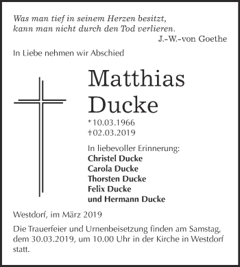 Traueranzeige von Matthias Ducke von Super Sonntag Aschersleben