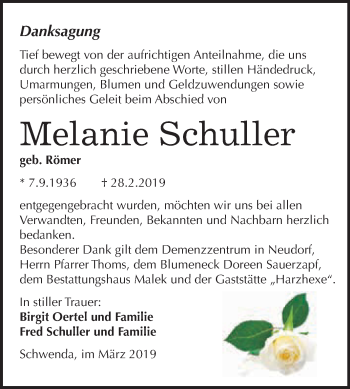 Traueranzeige von Melanie Schuller von WVG - Wochenspiegel SGH