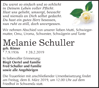 Traueranzeige von Melanie Schuller von Mitteldeutsche Zeitung Sangerhausen