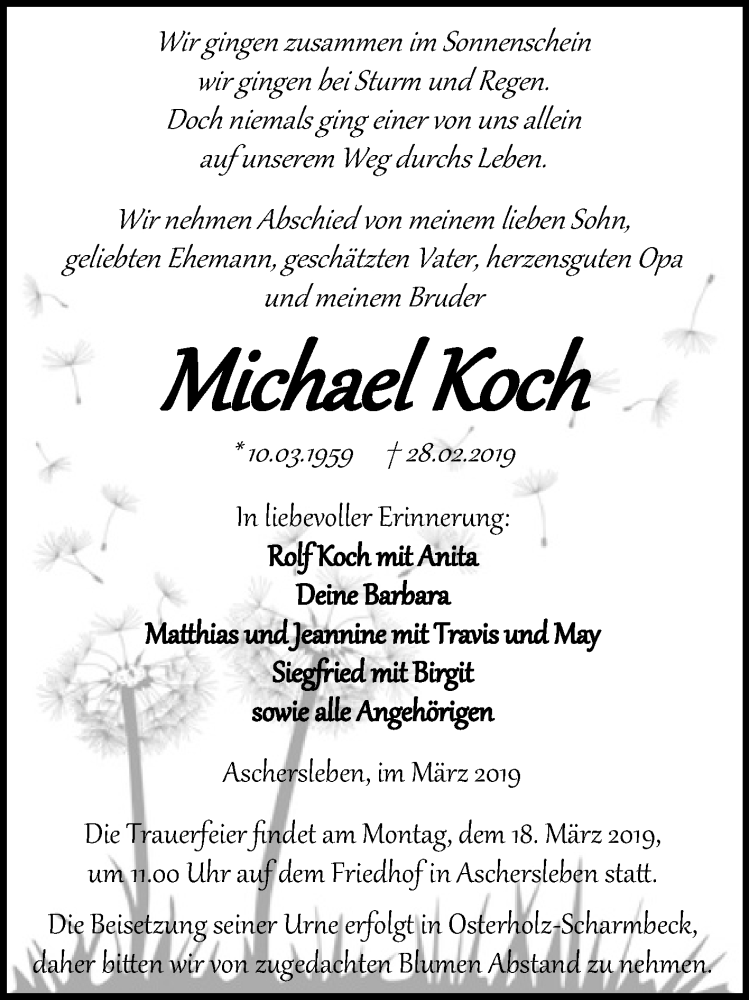  Traueranzeige für Michael Koch vom 07.03.2019 aus Mitteldeutsche Zeitung Aschersleben