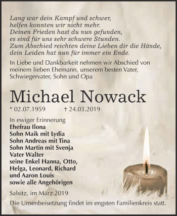 Traueranzeige von Michael Nowack von WVG - Wochenspiegel NMB / WSF / ZTZ