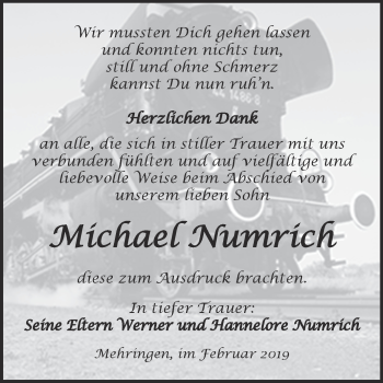 Traueranzeige von Michael Numrich von Super Sonntag Aschersleben