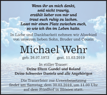 Traueranzeige von Michael Wehr von Mitteldeutsche Zeitung Merseburg/Querfurt