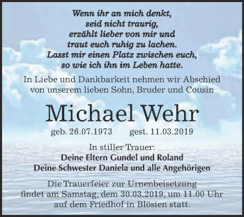 Traueranzeige von Michael Wehr von WVG - Wochenspiegel Merseburg