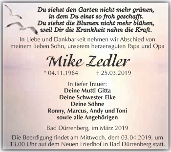 Traueranzeige von Mike Zedler von Super Sonntag Merseburg
