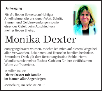 Traueranzeige von Monika Dexter von Mitteldeutsche Zeitung Merseburg/Querfurt
