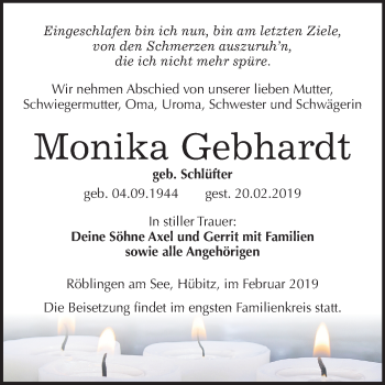 Traueranzeige von Monika Gebhardt von Mitteldeutsche Zeitung Sangerhausen
