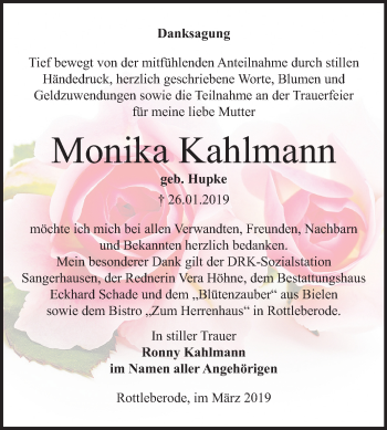 Traueranzeige von Monika Kahlmann von Mitteldeutsche Zeitung Sangerhausen