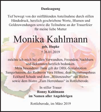 Traueranzeige von Monika Kahlmann von Super Sonntag SGH Mansf. Land