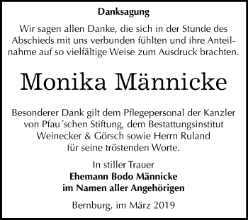 Traueranzeige von Monika Männicke von Mitteldeutsche Zeitung Bernburg