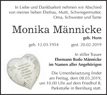 Traueranzeige von Monika Männicke von Super Sonntag Bernburg