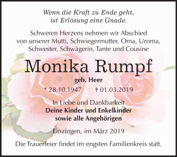 Traueranzeige von Monika Rumpf von WVG - Wochenspiegel SGH
