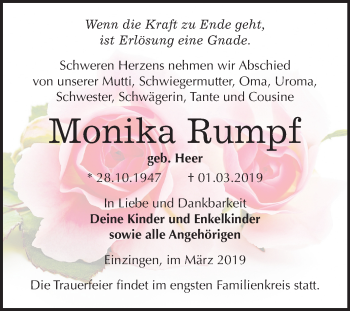 Traueranzeige von Monika Rumpf von Mitteldeutsche Zeitung Sangerhausen