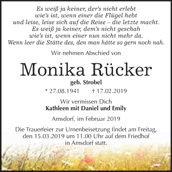 Traueranzeige von Monika Rücker von Super Sonntag SGH Mansf. Land