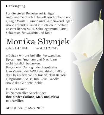 Traueranzeige von Monika Slivnj von Mitteldeutsche Zeitung