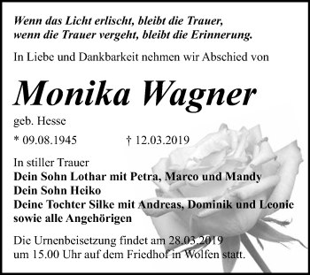 Traueranzeige von Monika Wagner von WVG - Wochenspiegel Bitterfeld
