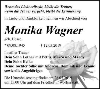 Traueranzeige von Monika Wagner von Mitteldeutsche Zeitung Bitterfeld