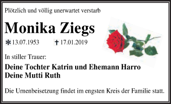 Traueranzeige von Monika Ziegs von WVG - Wochenspiegel Dessau / Köthen