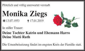 Traueranzeige von Monika Ziegs von Mitteldeutsche Zeitung