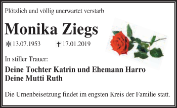 Traueranzeige von Monika Ziegs von WVG - Wochenspiegel Dessau / Köthen