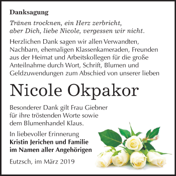 Traueranzeige von Nicole Okpakor von Mitteldeutsche Zeitung
