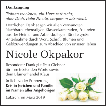 Traueranzeige von Nicole Okpakor von Super Sonntag Wittenberg