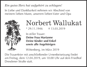 Traueranzeige von Norbert Wallukat von Super Sonntag Wittenberg