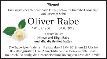 Traueranzeige von Oliver Rabe von WVG - Wochenspiegel Dessau / Köthen