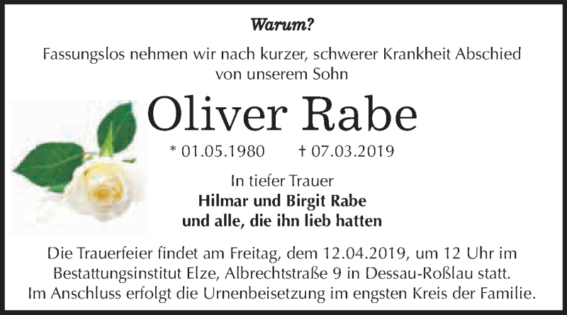  Traueranzeige für Oliver Rabe vom 16.03.2019 aus WVG - Wochenspiegel Dessau / Köthen