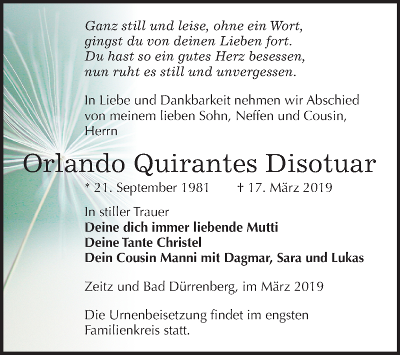  Traueranzeige für Orlando Quirantes Disotuar vom 23.03.2019 aus Mitteldeutsche Zeitung