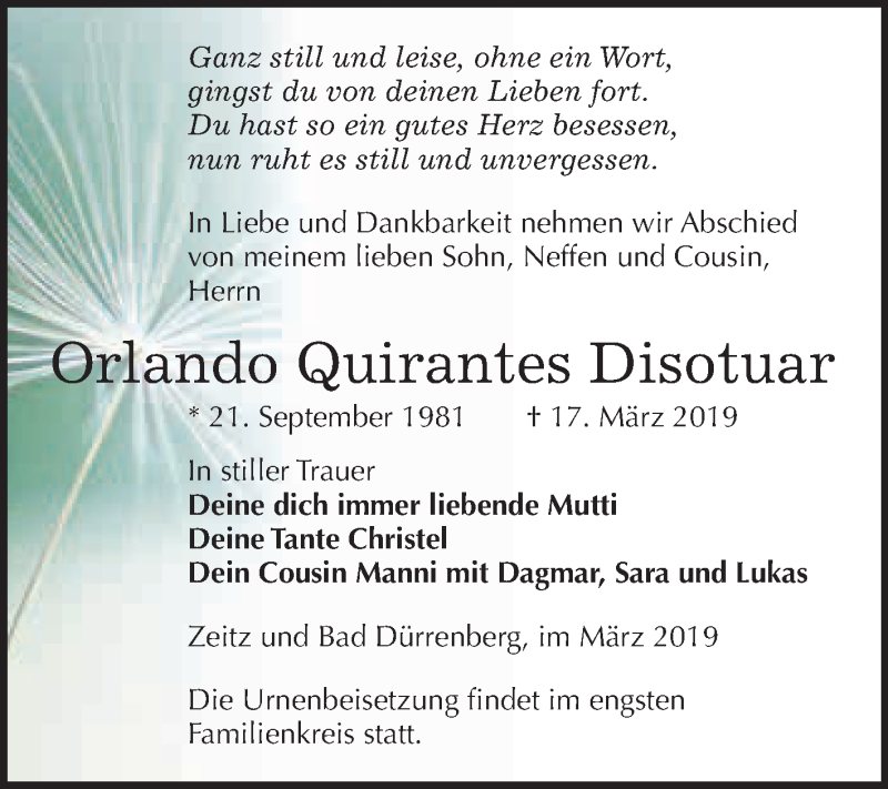  Traueranzeige für Orlando Quirantes Disotuar vom 23.03.2019 aus WVG - Wochenspiegel NMB / WSF / ZTZ