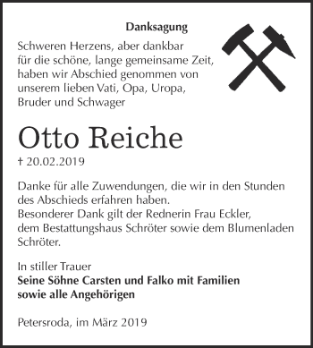 Traueranzeige von Otto Reiche von WVG - Wochenspiegel Bitterfeld