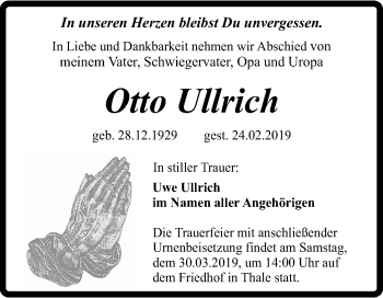 Traueranzeige von Otto Ullrich von Super Sonntag Quedlinburg