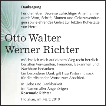 Traueranzeige von Otto Walter Werner Richter von Super Sonntag Bernburg