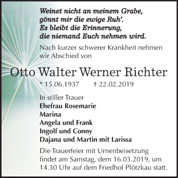 Traueranzeige von Otto Walter Werner Richter von Mitteldeutsche Zeitung