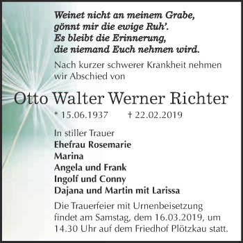 Traueranzeige von Otto Walter Werner Richter von Super Sonntag Bernburg