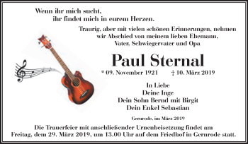 Traueranzeige von Paul Sternal von WVG - Wochenspiegel Quedlinburg