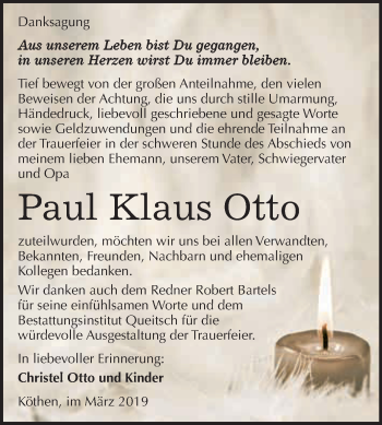 Traueranzeige von Paul Klaus Otto von WVG - Wochenspiegel Dessau / Köthen
