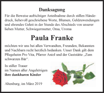 Traueranzeige von Paula Franke von Super Sonntag Bernburg