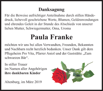 Traueranzeige von Paula Franke von Mitteldeutsche Zeitung Bernburg