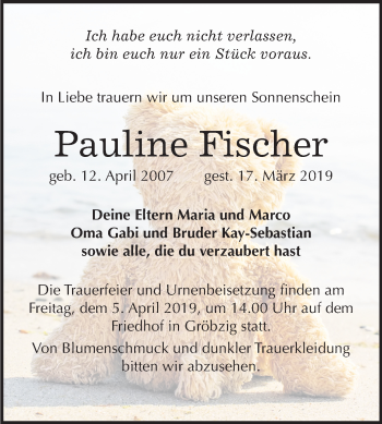 Traueranzeige von Pauline Fischer von Mitteldeutsche Zeitung Köthen