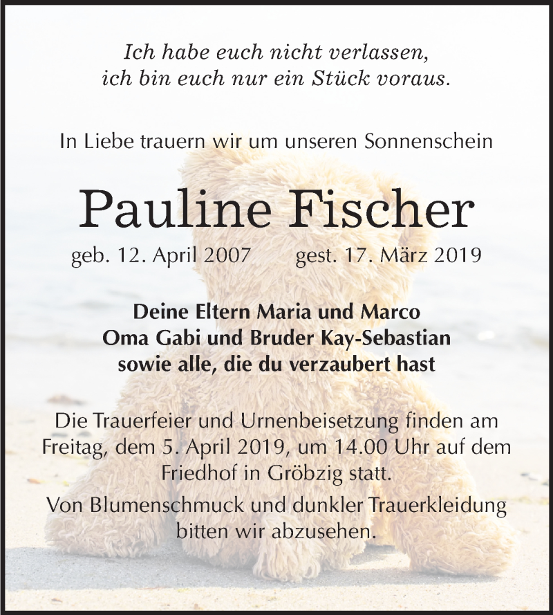  Traueranzeige für Pauline Fischer vom 30.03.2019 aus Mitteldeutsche Zeitung Köthen