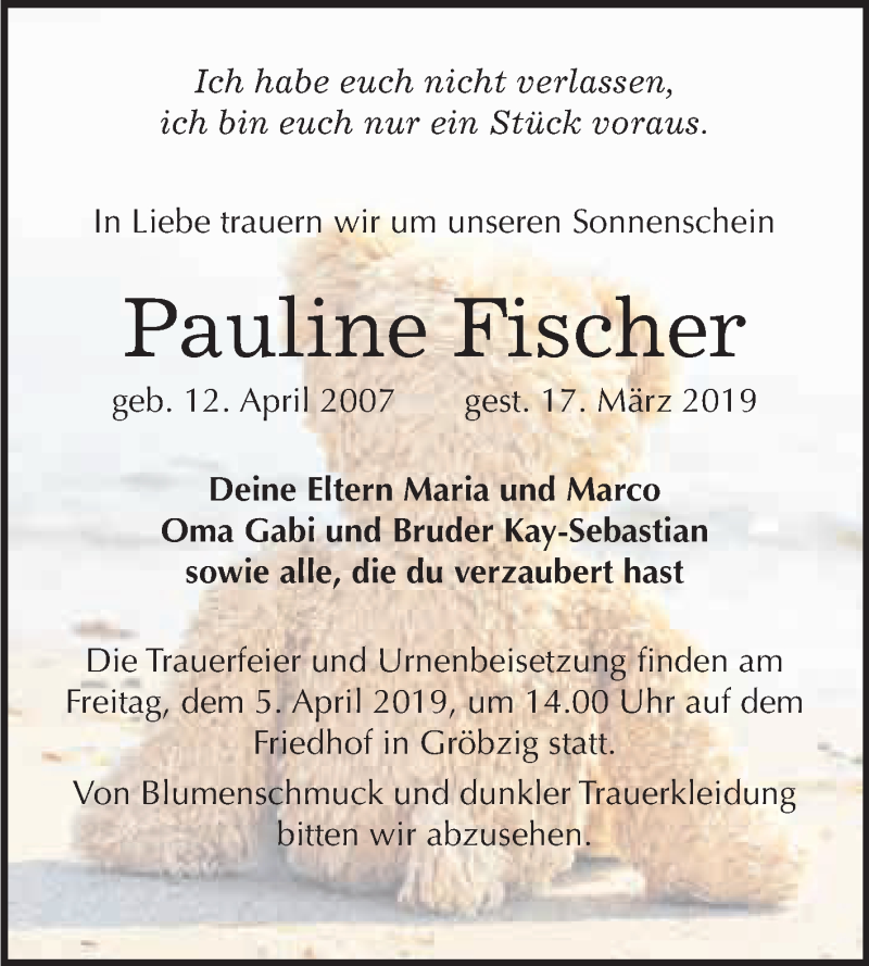  Traueranzeige für Pauline Fischer vom 30.03.2019 aus WVG - Wochenspiegel Dessau / Köthen