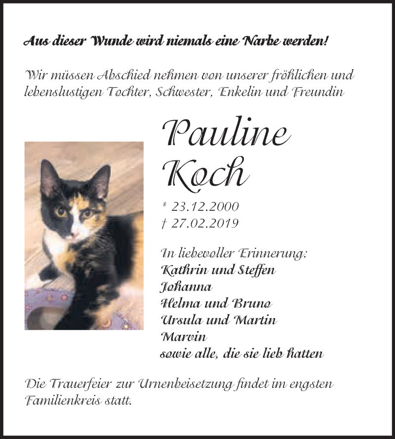  Traueranzeige für Pauline Koch vom 09.03.2019 aus Super Sonntag SGH Mansf. Land