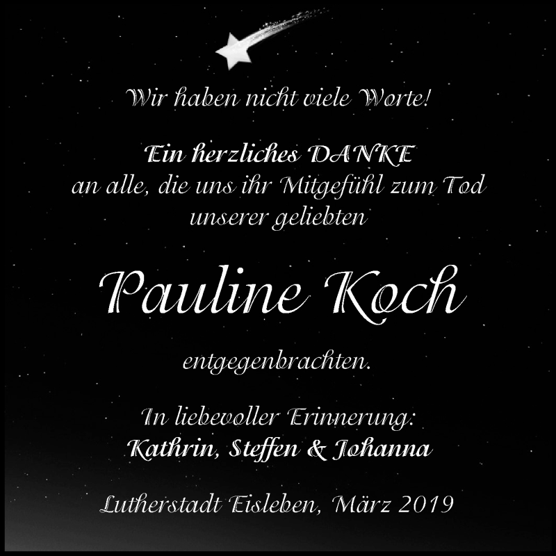  Traueranzeige für Pauline Koch vom 27.03.2019 aus Mitteldeutsche Zeitung Mansfelder Land