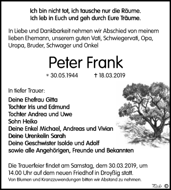 Traueranzeige von Peter Frank von WVG - Wochenspiegel NMB / WSF / ZTZ